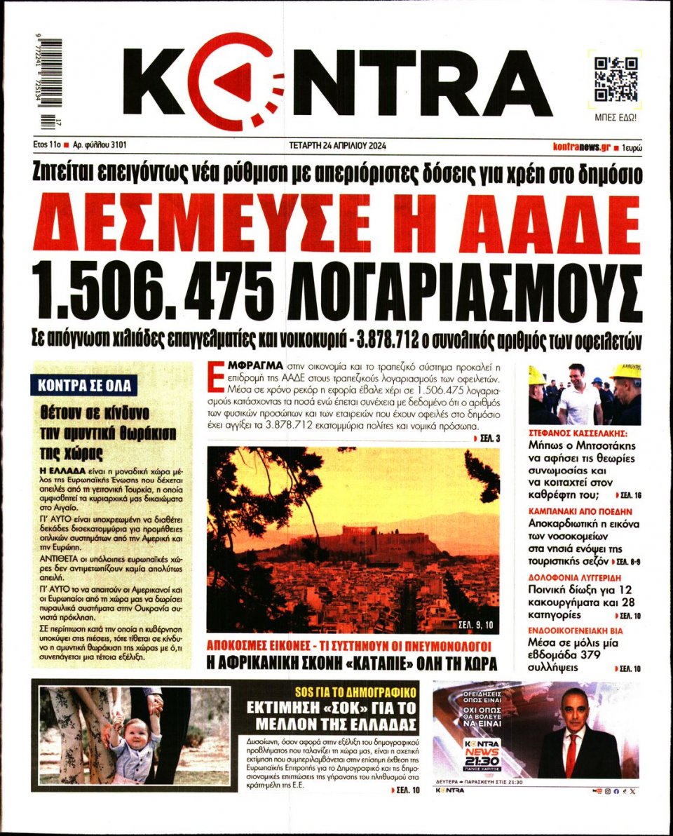Πρωτοσέλιδο Εφημερίδας - Kontra News - 2024-04-24
