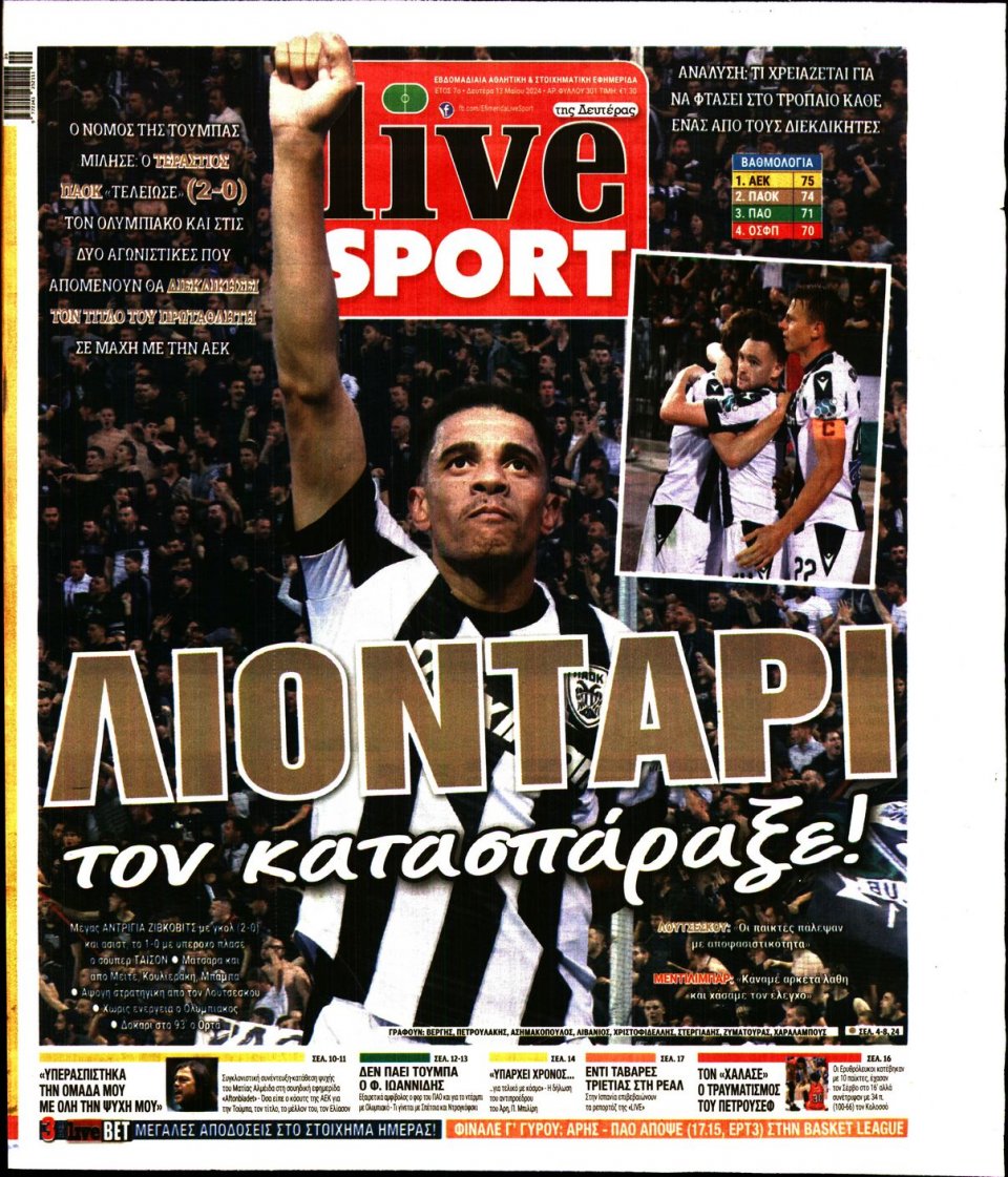 Πρωτοσέλιδο Εφημερίδας - Live Sport - 2024-05-13